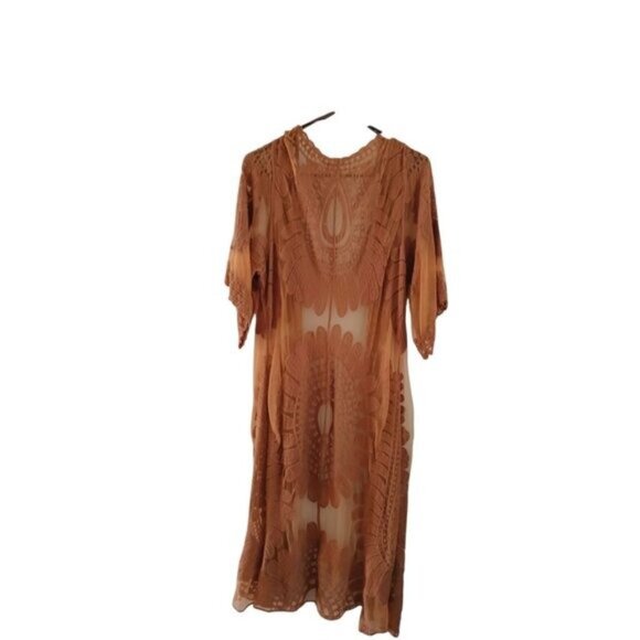 Rebellion Womens L Kimono Duster Brown Open Front Short Sleeve Boho Mesh Top - Picture 2 of 7